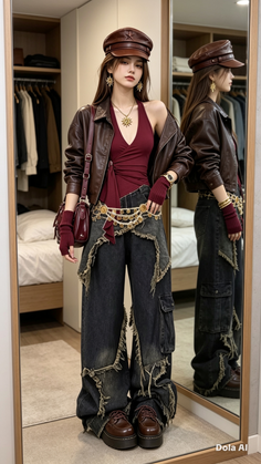 Woman in a leather jacket, distressed jeans, and beret hat posing indoors