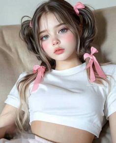 Girl with pigtails and pink bows wearing a white crop top