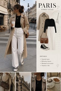 Woman in a trench coat and white pants walking on a city street