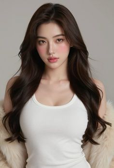 Woman with long dark hair wearing a white tank top and fur coat