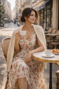 Woman in a floral dress and cardigan sitting at an outdoor cafe