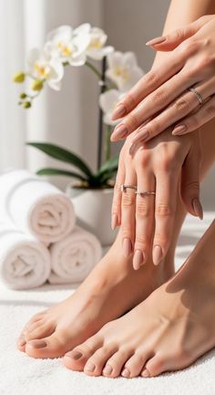 Hands and feet with nude nail polish and rings, with white towels and an orchid