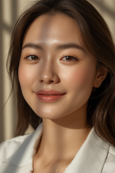 Woman with long hair wearing a white shirt, illuminated by soft, warm light