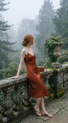 Woman with red hair in a slip dress on a foggy outdoor balcony