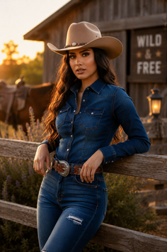 Woman in a cowboy hat and denim outfit leaning on a wooden fence at golden hour
