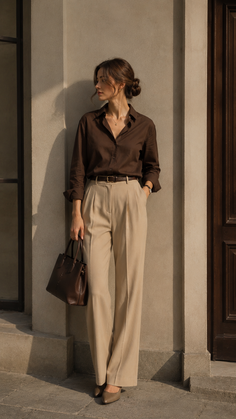 Woman in a brown shirt and beige pants holding a brown handbag outdoors