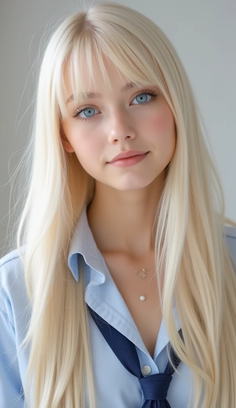 Blonde woman with blue eyes wearing a light blue shirt and dark blue tie