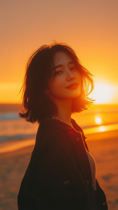 Woman with short hair on a beach at sunset with strong backlight