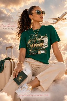 Woman with a passport and luggage, sitting on clouds with an airplane in the background