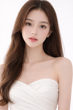 Woman with long brown hair wearing a white strapless top against a white background