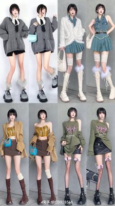 Multiple women showcasing various fashion outfits with short hair and platform shoes