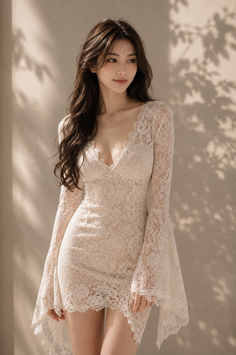 Woman in a white lace dress with bell sleeves and long hair, looking to the side
