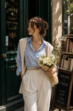 Woman holding white flowers in front of a bookstore