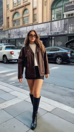 Woman in a brown leather jacket and black mini skirt walking on a city street
