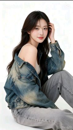 Woman with long dark hair wearing a denim jacket and white tank top