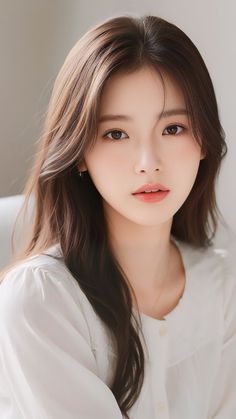 Woman with long brown hair wearing a white shirt, captured in soft lighting
