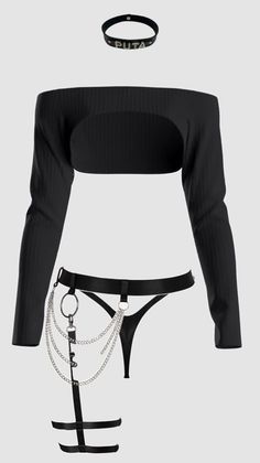 Black crop top, thong, garter belt, and choker with chains on a white background