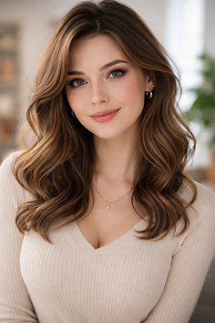Woman with long wavy hair and green eyes wearing a v-neck top and gold necklace