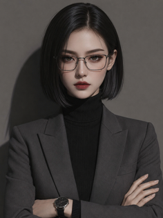 Woman with short black hair and glasses wearing a suit and turtleneck