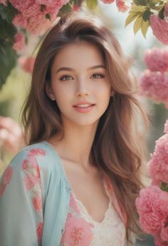 Woman with long brown hair wearing a floral top surrounded by pink flowers