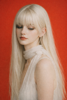 Woman with long blonde hair and bangs wearing a white dress against a red background