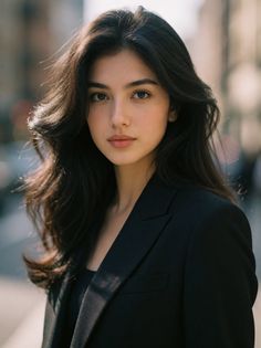 Woman with long dark hair wearing a black blazer outdoors