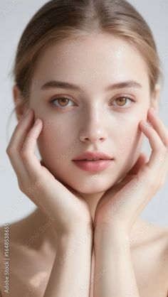 Woman with wet skin and natural makeup, hands touching her face