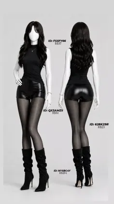 Two mannequins in black outfits, front and back view, on a white background