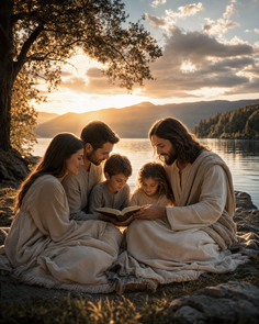 Family reading a book by a lake at sunset