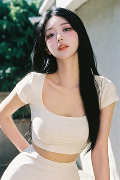 Woman with long black hair wearing a crop top and matching skirt outdoors