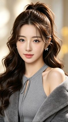 Woman with long wavy hair in a ponytail wearing a gray top and fur coat