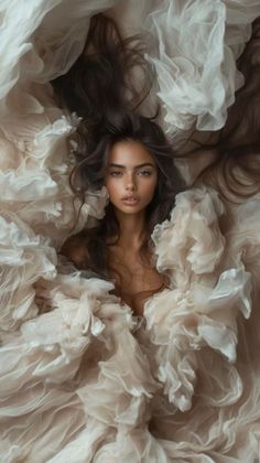 Woman with long dark hair surrounded by ruffled light fabric, looking at viewer