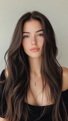 Woman with long dark hair wearing an off-shoulder top and necklace