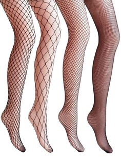 Four pairs of legs wearing different styles of fishnet stockings