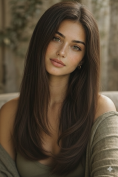 Woman with long brown hair and green eyes wearing an off-shoulder top