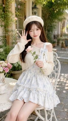 Woman in a floral dress and beret winking and holding a pink rose at an outdoor cafe