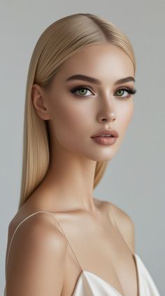 Woman with blonde hair and green eyes wearing a thin strap top