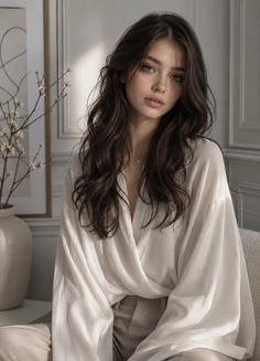 Woman with long wavy hair wearing a white blouse in soft indoor lighting