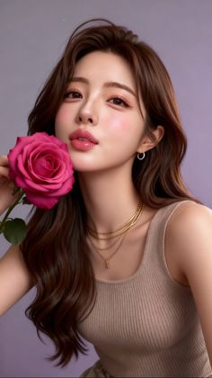 Woman with long brown hair holding a pink rose, wearing a ribbed top and gold necklaces