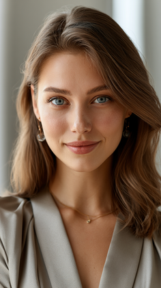 Woman with long brown hair and blue eyes wearing a light gray top