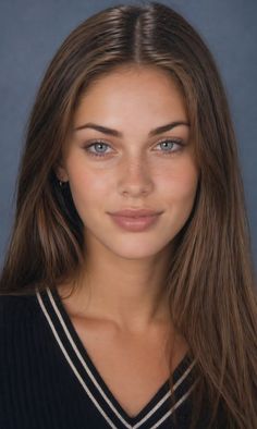 Woman with long brown hair and blue eyes smiling at the camera