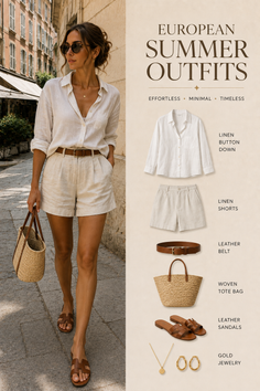 Woman in a linen outfit walking on a European street with summer accessories