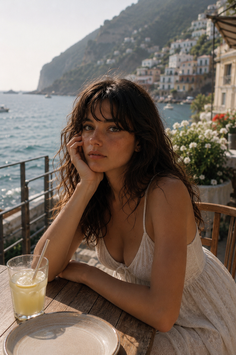 Woman with long hair and freckles in a white dress at an outdoor cafe with a sea view