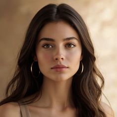 Woman with long brown hair and hoop earrings in a soft light portrait