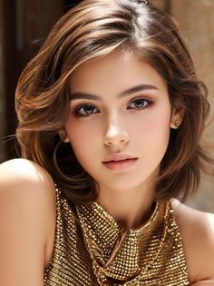 Woman with short brown hair wearing a golden top, looking directly at the viewer