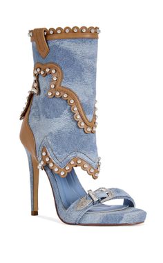 Denim high-heeled ankle boots with studded tan leather trim and an open toe