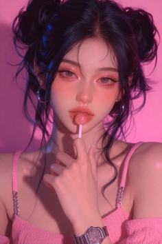Woman with space buns and a lollipop against a pink background