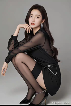 Woman in a black sheer dress and thigh-high stockings in a studio