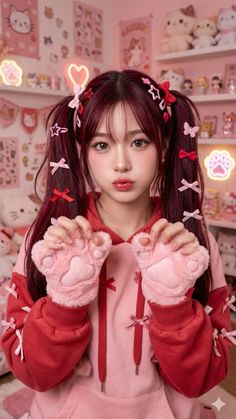 Woman with red hair in pigtails wearing a pink hoodie and cat paw gloves