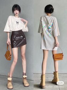 Woman in a brown leather skirt and oversized t-shirt posing in a studio